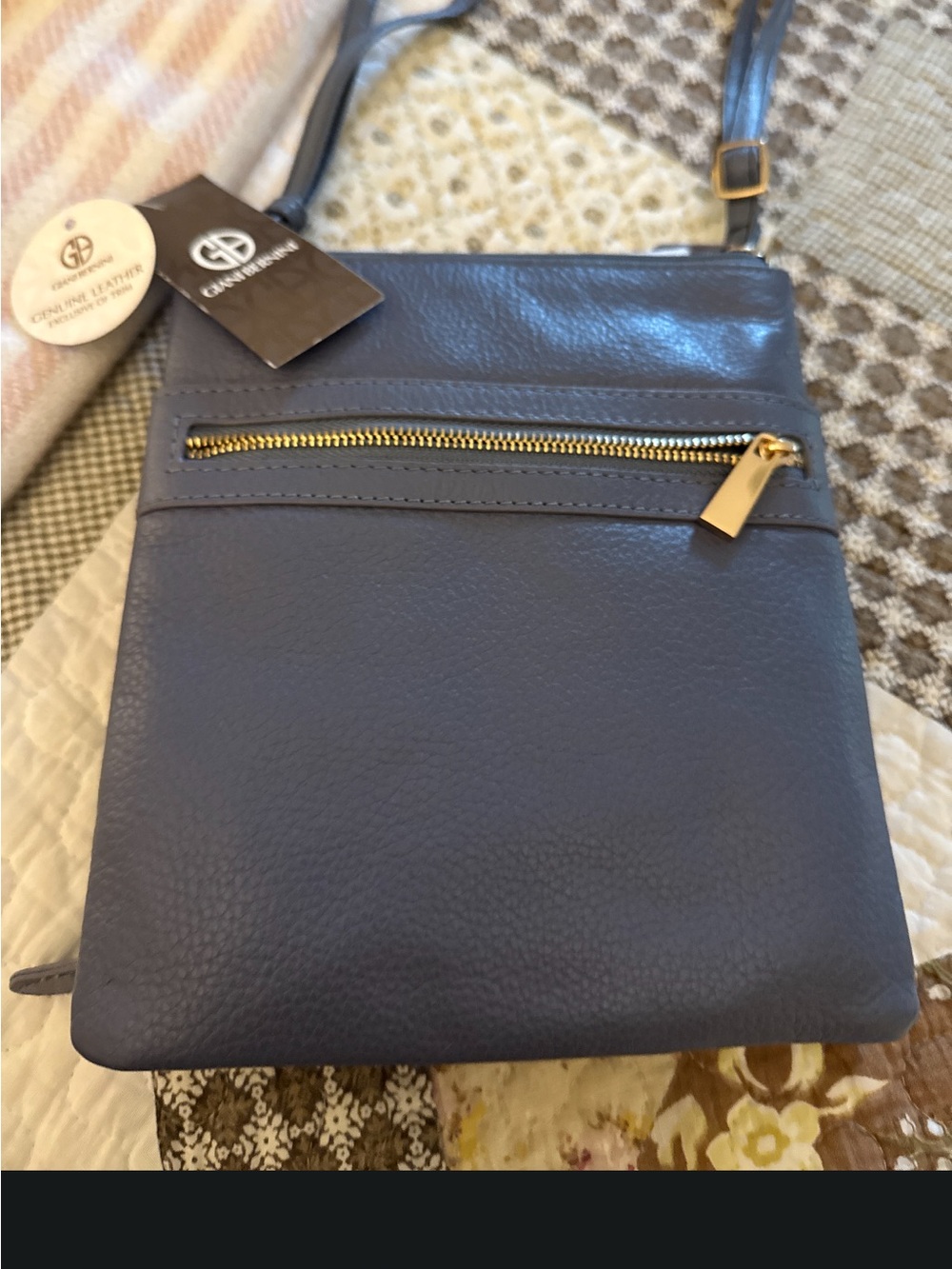 Giani Bernini Navy Leather Messenger Crossbody with Gold Hardware